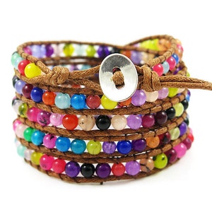 Five Tiered Wrap Translucent Multicolored Rainbow Beaded Bracelet on Brown Waxed Rope and Silver Button Closure
