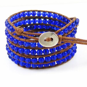 Five Tiered Wrap Translucent Blue Beaded Bracelet on Brown Waxed Rope and Silver Button Closure