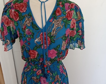 Vintage Diane Freis beaded silk car wash dress with matching exaggerated floral scarf