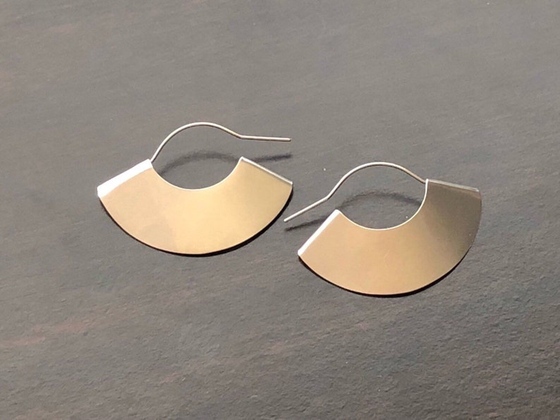 Fan Earrings, Dangle Earrings, Half Moon Earrings, Matte Silver Earrings, Matte Gold Earrings, Unique Earrings, Geometric Jewelry, Hoops image 2