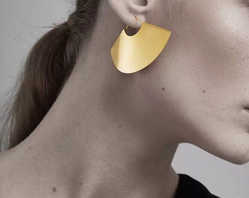 Fan Earrings, Dangle Earrings, Half Moon Earrings, Matte Silver Earrings, Matte Gold Earrings, Unique Earrings, Geometric Jewelry, Hoops image 10