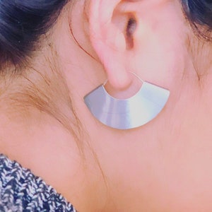 Fan Earrings, Dangle Earrings, Half Moon Earrings, Matte Silver Earrings, Matte Gold Earrings, Unique Earrings, Geometric Jewelry, Hoops image 5