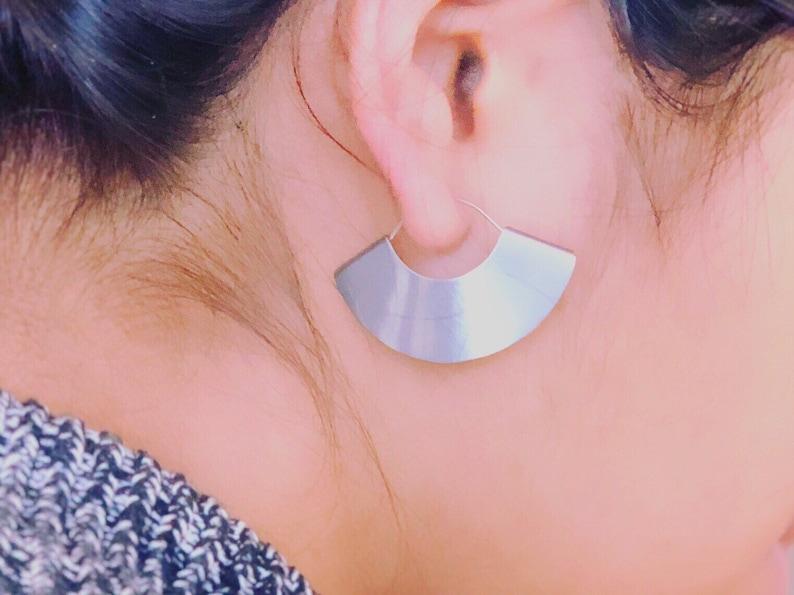 Fan Earrings, Dangle Earrings, Half Moon Earrings, Matte Silver Earrings, Matte Gold Earrings, Unique Earrings, Geometric Jewelry, Hoops image 5