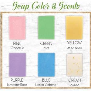 Pu&ograve; includere: Un grafico che mostra sei diversi colori e profumi di sapone. I colori sono rosa, verde, giallo, viola, blu e crema. I profumi sono pompelmo, menta, citronella, rosa lavanda, verbena al limone e gelsomino.