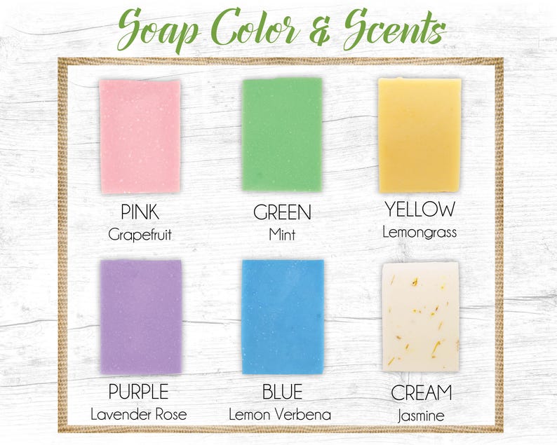 Pu&ograve; includere: Un grafico che mostra sei diversi colori e profumi di sapone. I colori sono rosa, verde, giallo, viola, blu e crema. I profumi sono pompelmo, menta, citronella, rosa lavanda, verbena al limone e gelsomino.