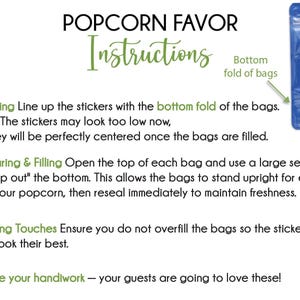 instructions for using popcorn favor bags, including steps for labeling, preparing and filling the bags, finishing touches, and admiring the work.