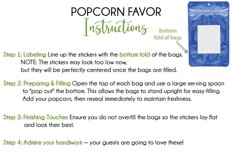 instructions for using popcorn favor bags, including steps for labeling, preparing and filling the bags, finishing touches, and admiring the work.