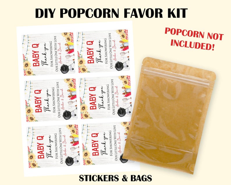 Baby Q Baby Shower Favors, Popcorn Bags and Stickers, Barbecue Baby Shower Party Favors, Summer Party Favors, CoEd BBQ Gender Neutral image 2