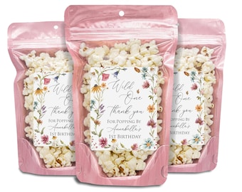 Wild One Wildflower First Birthday Party Favors, Popcorn Bags And Stickers, Wildflower First Birthday Favors, Wild One 1st Birthday Girl