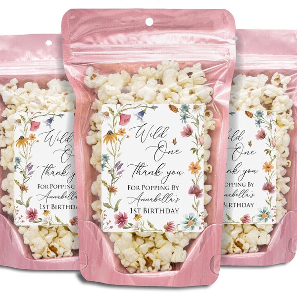 Wild One Wildflower First Birthday Party Favors, Popcorn Bags And Stickers, Wildflower First Birthday Favors, Wild One 1st Birthday Girl