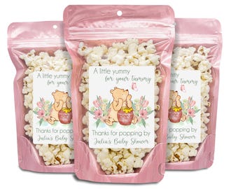 Pink Winnie The Pooh Baby Shower Party Favors, Popcorn Favor, Girl Pooh Babyshower, A Little Yummy For Your Tummy, Classic Pooh Bear