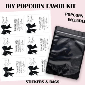 Black Bow Birthday Party Favors, Popcorn Bags and Stickers, Coquette Black Bow Favors, 30th Birthday Favors, 40th Birthday Women Favors, image 2