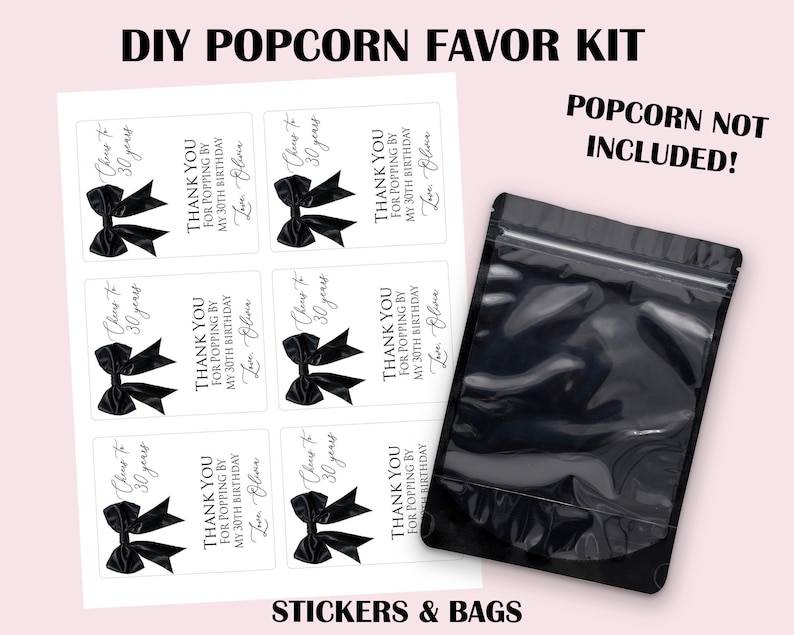Black Bow Birthday Party Favors, Popcorn Bags and Stickers, Coquette Black Bow Favors, 30th Birthday Favors, 40th Birthday Women Favors, image 2