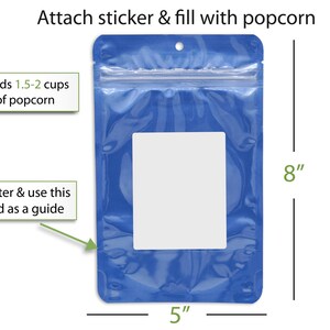 a blue plastic bag with a white sticker, and instructions on how to attach a sticker and fill it with popcorn.