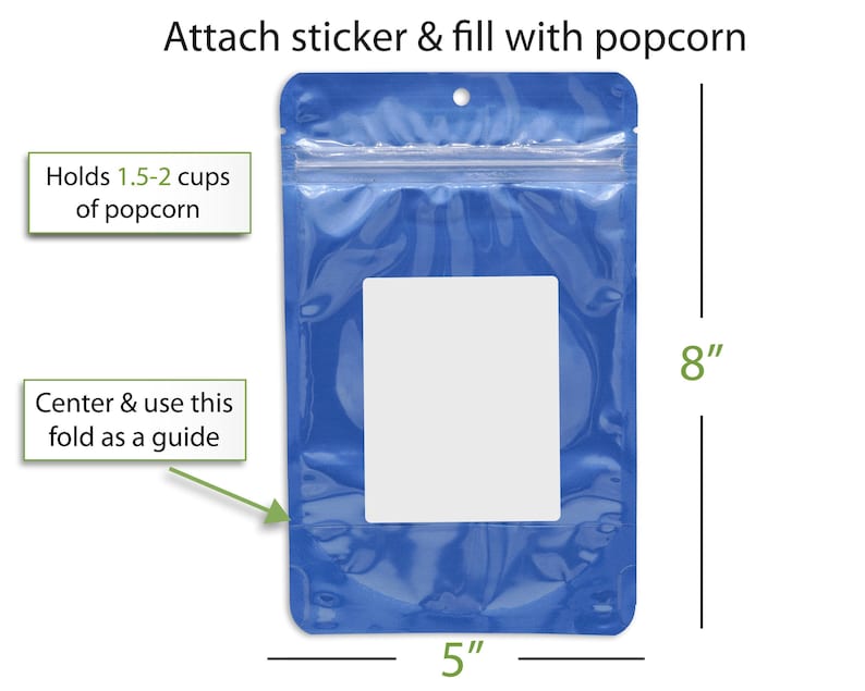 a blue plastic bag with a white sticker, and instructions on how to attach a sticker and fill it with popcorn.