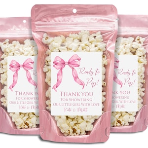 Pink Bow Baby Shower Favors,Popcorn Bags & Stickers,Pink Ribbon Coquette Bow Baby Shower Party Favors,Blush Pink Girl Baby Shower Party Bags image 1