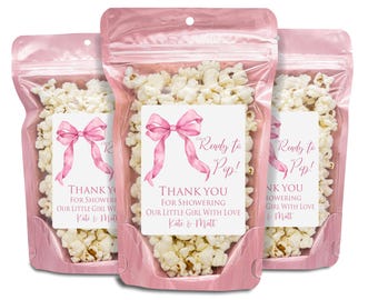 Pink Bow Baby Shower Favors,Popcorn Bags & Stickers,Pink Ribbon Coquette Bow Baby Shower Party Favors,Blush Pink Girl Baby Shower Party Bags