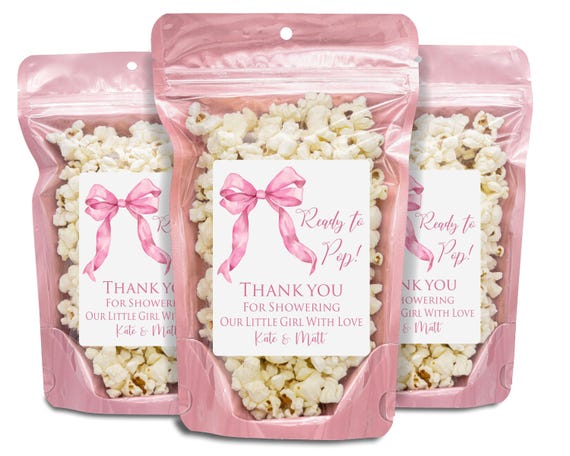 Pink Bow Baby Shower Favors,Popcorn Bags & Stickers,Pink Ribbon Coquette Bow Baby Shower Party Favors,Blush Pink Girl Baby Shower Party Bags