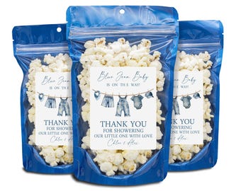 Blue Jean Baby Shower Party Favors, Popcorn Bags & Stickers,Blue Jeans Baby Is On The Way Theme,Baby Boy Overalls Baby Shower,Boy Blue Denim