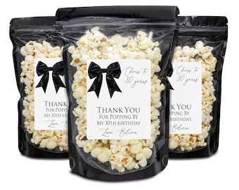Black Bow Birthday Party Favors, Popcorn Bags and Stickers, Coquette Black Bow Favors, 30th Birthday Favors, 40th Birthday Women Favors,