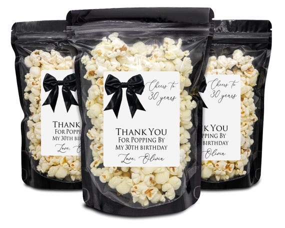 Black Bow Birthday Party Favors, Popcorn Bags and Stickers, Coquette Black Bow Favors, 30th Birthday Favors, 40th Birthday Women Favors,