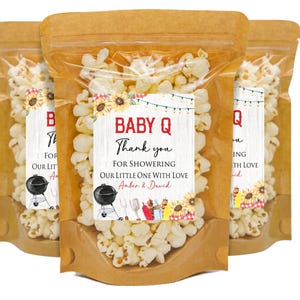 Baby Q Baby Shower Favors, Popcorn Bags and Stickers, Barbecue Baby Shower Party Favors, Summer Party Favors, CoEd BBQ Gender Neutral image 1