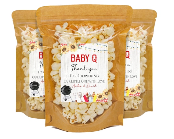 Baby Q Baby Shower Favors, Popcorn Bags and Stickers, Barbecue Baby Shower Party Favors, Summer Party Favors, CoEd BBQ Gender Neutral