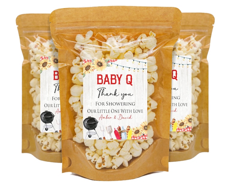 Baby Q Baby Shower Favors, Popcorn Bags and Stickers, Barbecue Baby Shower Party Favors, Summer Party Favors, CoEd BBQ Gender Neutral image 1