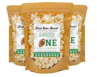 First Year Down Birthday Party Favors, Popcorn Party Favor, Custom Football 1st Birthday Party Favor, Turning 1 Football Birthday Boy Favor