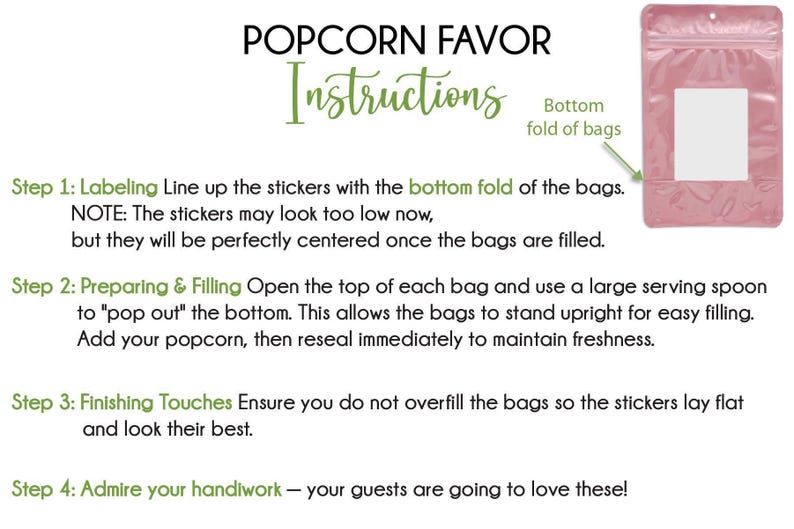 instructions for using popcorn favor bags, including labeling the bottom fold of the bags, preparing and filling them, and finishing touches to ensure they look their best.