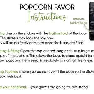 instructions for making popcorn favor bags, with a close-up of a bag and a step-by-step guide on how to prepare and fill the bags.