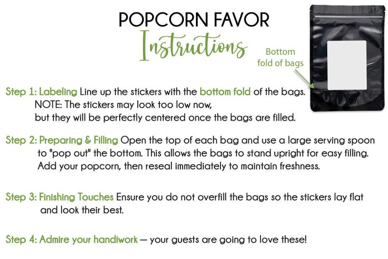 instructions for making popcorn favor bags, with a close-up of a bag and a step-by-step guide on how to prepare and fill the bags.