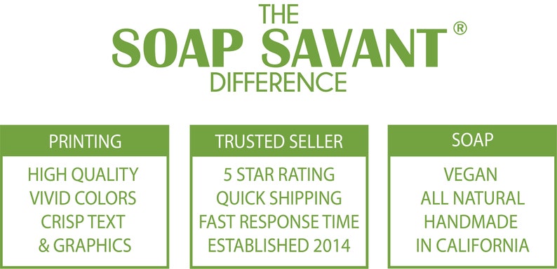 Pu&ograve; includere: Testo verde su sfondo bianco che dice "THE SOAP SAVANT DIFFERENCE". Sotto ci sono tre caselle verdi con testo bianco. La prima casella dice "PRINTING", "HIGH QUALITY", "VIVID COLORS", "CRISP TEXT", "& GRAPHICS". La seconda casella dice "TRUSTED SELLER", "5 STAR RATING", "QUICK SHIPPING", "FAST RESPONSE TIME", "ESTABLISHED 2014". La terza casella dice "SOAP", "VEGAN", "ALL NATURAL", "HANDMADE", "IN CALIFORNIA".
