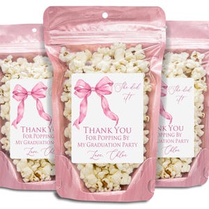 Pink Bow Graduation Party Favors, Popcorn Bags and Stickers, Coquette Pink Bow Grad Favors, Grad Pink Party Favors, Modern Graduation Decor