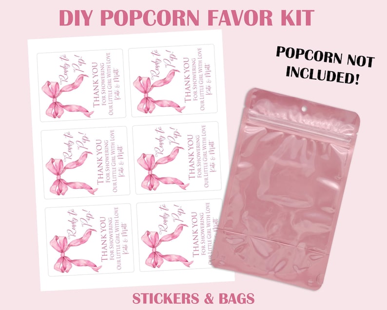 Pink Bow Baby Shower Favors,Popcorn Bags & Stickers,Pink Ribbon Coquette Bow Baby Shower Party Favors,Blush Pink Girl Baby Shower Party Bags image 2