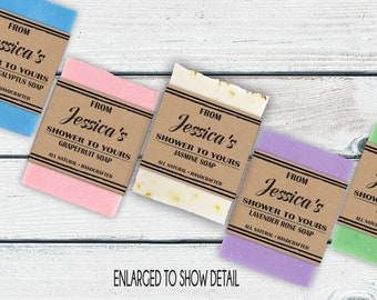 May include: Four bars of handmade soap with brown paper labels. The labels have the text "From Jessica's Shower to Yours" and the scent of each soap. The scents are Eucalyptus, Grapefruit, Jasmine, and Lavender Rose.