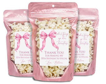 She's Tying Up Her Twenties Party Favors, Popcorn Bags and Stickers, 30th Birthday Favors, Pink Bow Adult Birthday Party Favors, Milestone