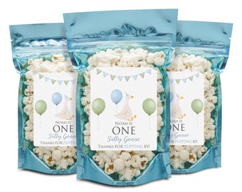 One Silly Goose Birthday Party Favors, Popcorn Bags and Labels, Boy First Birthday Party Favors,Goose First Birthday Decor,Goose Party Favor