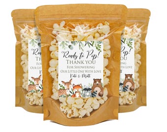Woodland Baby Shower Favor, Ready to Pop Popcorn Favor Bags & Labels, Woodland Theme Baby Shower Favor, Woodland Party Favor For Baby Shower