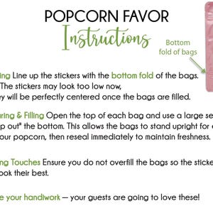 instructions for using popcorn favor bags, including labeling the bottom fold of the bags, preparing and filling them, and finishing touches to ensure they look their best.