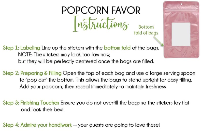 instructions for using popcorn favor bags, including labeling the bottom fold of the bags, preparing and filling them, and finishing touches to ensure they look their best.