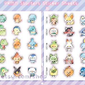 May include: Two sticker sheets labeled PKMN Starters Sticker Sheets A and B, featuring rows of colorful, cartoon-style creature illustrations organized by generation from GEN1 to GEN10. Each sticker has a white border and depicts a unique character.