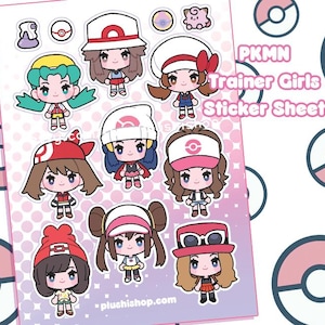 Puede incluir: Una hoja de pegatinas con ilustraciones de dibujos animados de PKMN Trainer Girls. Las pegatinas muestran personajes con diferentes peinados, atuendos y accesorios. La hoja tiene un fondo de lunares rosas y blancos y el texto "PKMN Trainer Girls Sticker Sheet".
