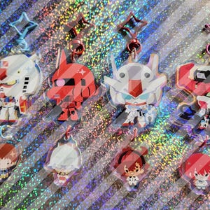 May include: A collection of eight acrylic keychains featuring chibi-style robot mecha figures and anime-inspired character portraits. Each charm is attached to a star-shaped metal clasp, showcasing vibrant colors and detailed graphic illustrations.