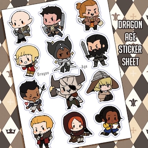 May include: A sheet of colorful stickers featuring chibi-style characters from Dragon Age. The stickers include various characters with swords, shields, and other accessories. The text "Dragon Age Sticker Sheet" is visible.