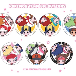 Puede incluir: Ocho botones redondos con personajes de Pokémon de diferentes regiones. Cada botón tiene un fondo blanco con un contorno negro y presenta un logotipo de equipo y el nombre de la región. Las regiones que se muestran son Kanto, Johto, Hoenn, Sinnoh y Unova.