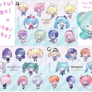 May include: Three sticker sheets labeled A, B, and C featuring chibi-style anime characters with colorful hair and outfits. Text includes Colorful Stage! Sticker sheets! and New Miku 3 inch Vinyl Sticker! along with group names like Nightcord at 25:00.