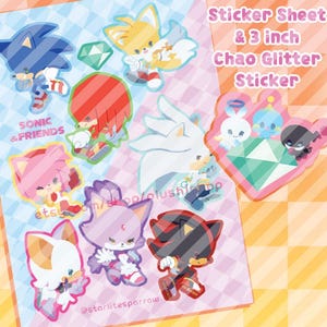 May include: A sticker sheet featuring Sonic the Hedgehog characters including Tails, Knuckles, Amy, Silver, Blaze, Rouge, and Shadow, plus a separate 3-inch Chao glitter sticker. The text reads Sticker Sheet & 3 inch Chao Glitter Sticker, Sonic & Friends.