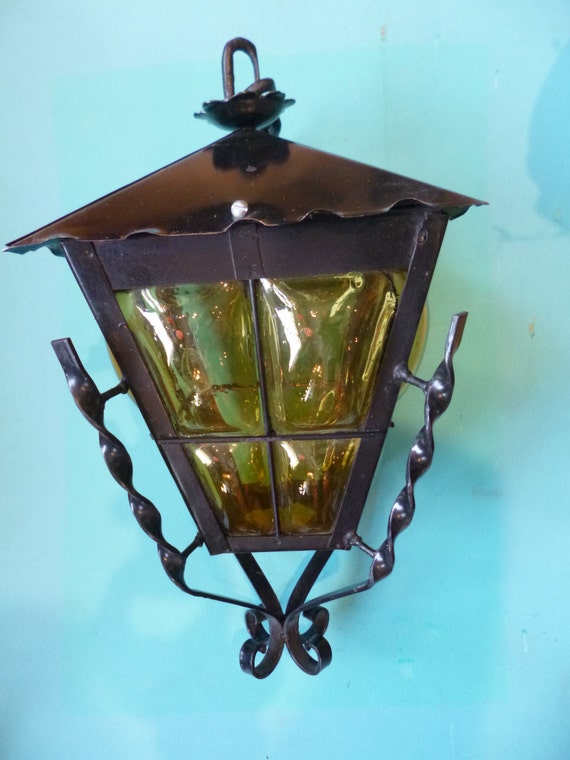 Wrought Iron And Amber Glass Lantern Hanging Lamp Made In Image 0