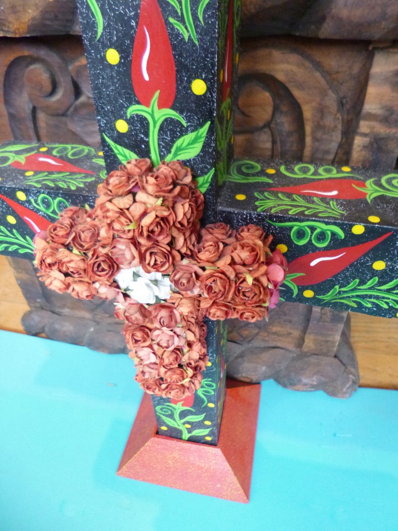 Mexican Folk Art Cross Wooden Painted Chili Pepper Design With Etsy